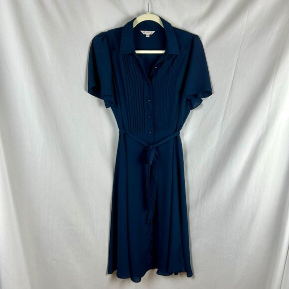 Nanette Lepore Flutter Sleeve Pintuck Shirt Dress Women 4 Navy Blue A Line Midi - Picture 4 of 14